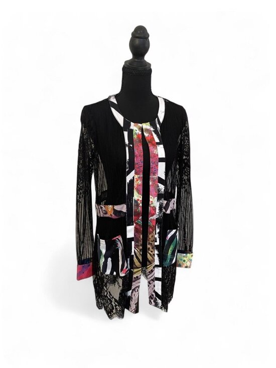 mona leah couture Tops - Mona Leah Couture Sheer Lace Top Colorful Artsy Pockets Lacy Sweater Unique, M
